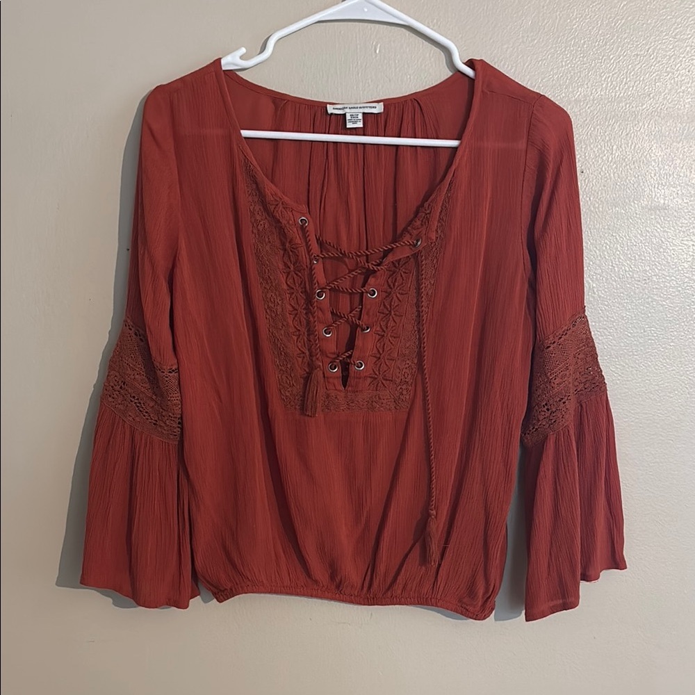 American Eagle Outfitters Brown Bell Sleeve Tie Front Blouse